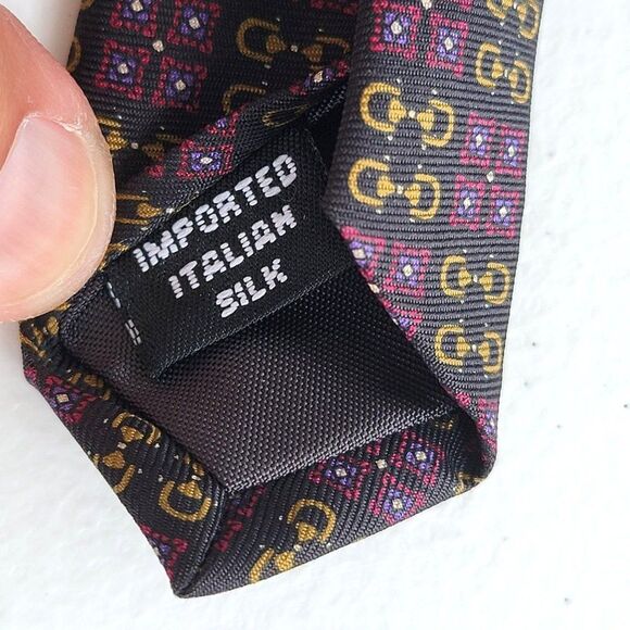 Brass and Leather by Bloomingdales 100% Silk Necktie Red Gold Geometric Shapes - Picture 5 of 5